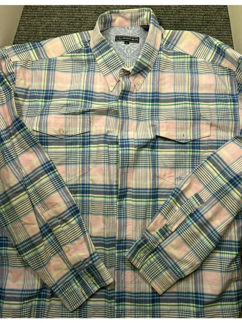Roper Mens Plaid Button Down Shirt Pink & Blue 2XL 100% Cotton Long Sleeve Weste